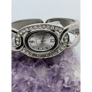 Silver Tone Rhinestone Cuff Watch Oval Face Quartz Bangle Bracelet